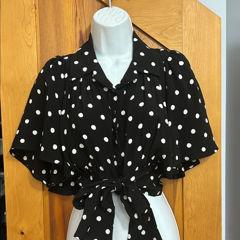 Maeve Anthropologie polka dot Flutter Sleeve crop Blouse with Tie Front